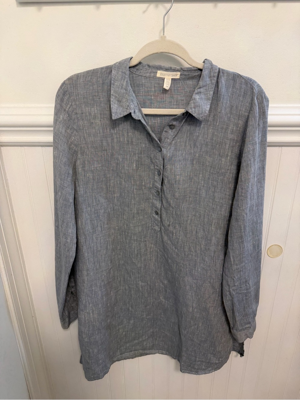 Eileen Fisher Heathered Gray Linen Blend Long-Sleeve Tunic Top